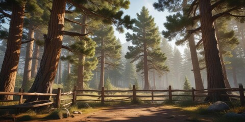  Ancient Pine Trees Surrounding a Cozy Wooden Fenced Area, pine forest, serene landscape