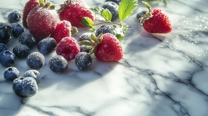 Wall Mural - fresh mixed berries scattered across pristine marble surface morning light casting soft shadows dewdrops glistening macro photography style