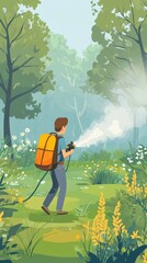 Canvas Print - Person spraying plants in a lush green forest