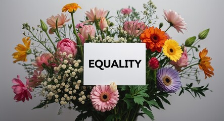 Poster - equality lettering on plain white card on bouquet of flowers background