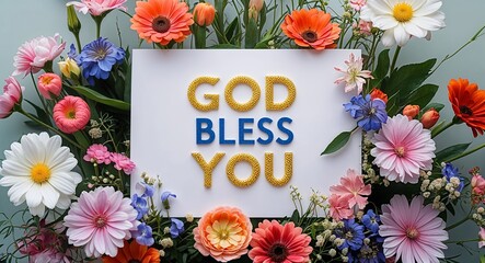 Poster - God bless you lettering on plain white card on bouquet of flowers background