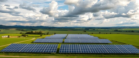 a field of solar panels gleams in the sunlight, background, symbolizing sustainable energy productio