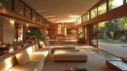 Wall Mural - Sunlit modern living room with large windows and beige couches. Showcase architectural design, interior design, and luxury home concepts.