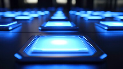 Fototapete - Glowing blue squares in a grid pattern on a dark surface.