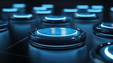 Poster - Glowing blue circular buttons on a dark surface.