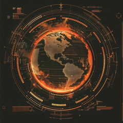 cyber-surveillance concept with north and south america rendered in glowing orange against dark back