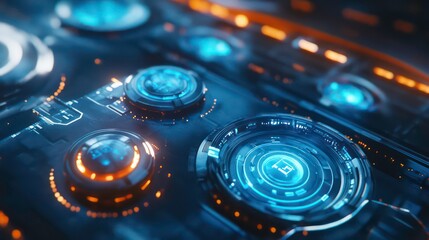 Fototapete - Close-up of a futuristic technological interface with glowing buttons and digital displays.