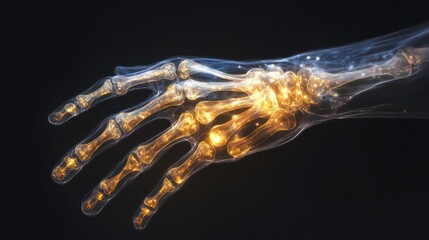 Poster - Glowing human hand bones, x-ray style, anatomy detail.