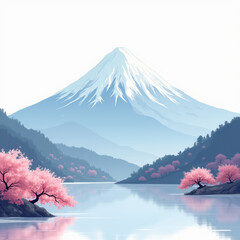 Wall Mural - Mount Fuji, Cherry Blossoms, Lake Serenity - Minimalist art