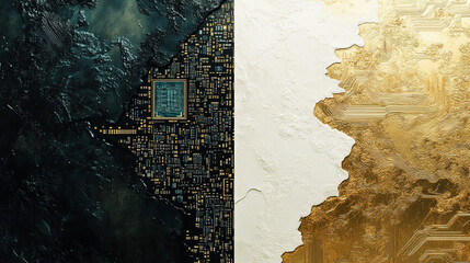 a high-tech, futuristic abstract background featuring gold, white, and silver tones with a glowing d