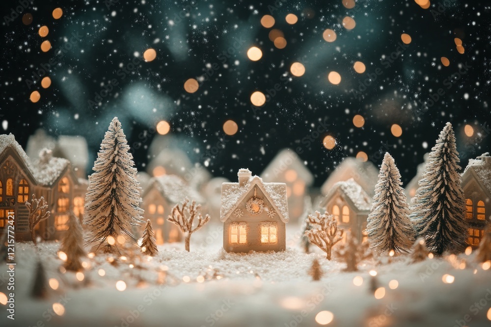 Snowy village scene with lit houses and trees. Perfect for Christmas ...