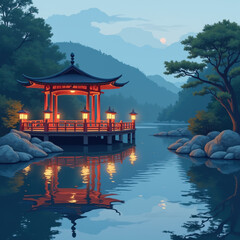 Canvas Print - Serene Japanese Pavilion Lake Sunset - Digital art illustrations