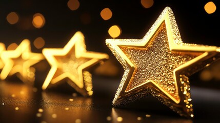 Poster - Five gold stars on dark background with bokeh lights;  award, achievement, success concept.