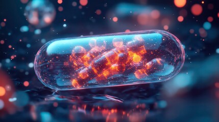 Aufkleber - Transparent capsule filled with glowing orange micro particles, dark background.