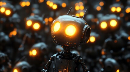 Poster - Close-up of a metallic robot with glowing eyes amidst a crowd of similar robots.