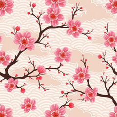 Wall Mural - Pink Cherry Blossom Seamless Pattern - Japanese aesthetics