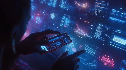 Person analyzing data on phone and large screen.