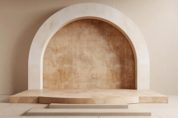 Modern arched podium with steps against a textured beige wall, ideal for product display