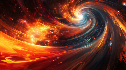 Glowing black hole emitting gravitational waves amidst vibrant red and orange cosmic matter in a futuristic cosmic landscape