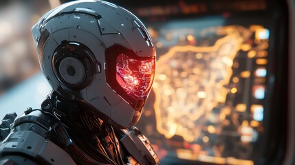 Fototapete - Futuristic robot in helmet, red light reflection, control panel background.
