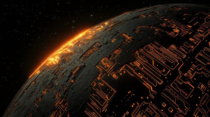 Aufkleber - Futuristic planet with glowing circuitry, dark space background.
