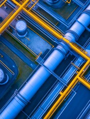 Wall Mural - Aerial view of industrial pipelines and storage tanks with vibrant yellow and blue color