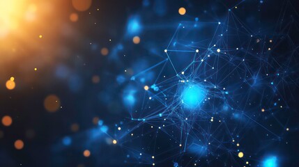 Fototapete - Abstract blue network with glowing particles and bokeh effect.