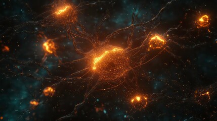 Aufkleber - Microscopic view of glowing neuron cell with network of connections.