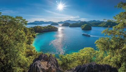 Wall Mural - Sunlit tropical bay with cruise ship, seen from a lush island viewpoint.