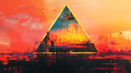 Aufkleber - Abstract fiery landscape with a glowing gold triangle overlay.