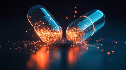 Aufkleber - Two glowing capsules spilling sparkling particles on dark background.