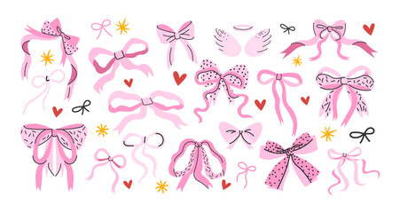 Cartoon ribbon bows accessories.Pink vintage girly pink bows for hair decoration.Cute trendy stickers set in coquette style	