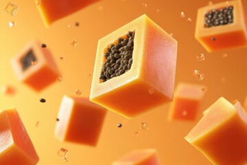 Canvas Print - Cubed papaya pieces falling against a vibrant orange backdrop