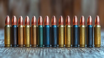 Wall Mural - Ammo row, wood background, firearm cartridges, safety