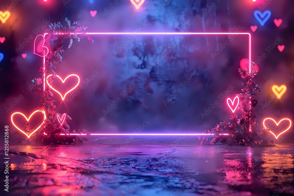 Romantic neon frame with glowing heart shapes on dark background with ...
