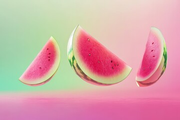 Poster - Three Watermelon Slices Floating Against Pastel Background