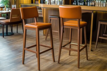 Two orange leather bar stools in a modern restaurant.