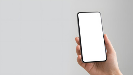 Close up hand holding phone with white empty blank screen. Technology concept. Copy space