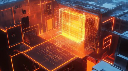 Poster - Abstract glowing orange digital cube structure with intricate circuitry.