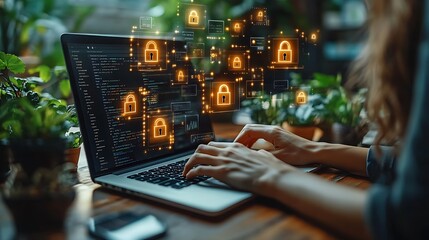 a programmer diligently works on secure code, enhancing data protection with advanced encryption, vi