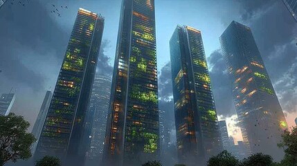 Vertical solar farms integrated into futuristic skyscrapers, clean energy and urban sustainability innovation