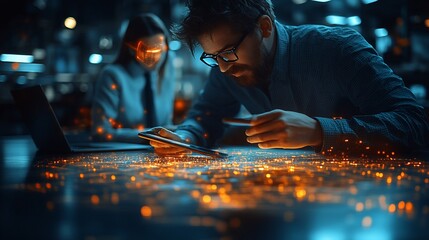 Focused programmer working late at night on a project with a colleague in the background, illuminated by glowing digital data.