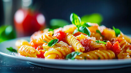 Wall Mural -  Fusilli Pasta with Tomato Sauce and Fresh Basil, Close-Up, 4K Photo