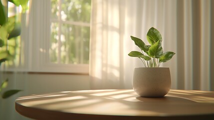 Wall Mural - Sunlit plant pot on wooden table, window background, home decor