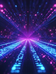 Wall Mural - Vibrant neon blue purple digital tunnel glows brightly. AI Generated