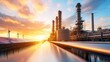 © Stock Media Labs - Industrial landscape at sunset with a factory, wind turbines, and solar panels. Energy production and environmental technology concepts.