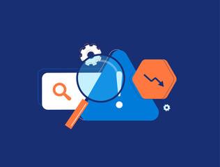 Wall Mural - seo mistakes with magnifying glass warning triangle and falling graph. search optimization errors ra