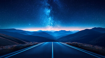 Starry sky over mountains at night with Milky Way galaxy visible in the distance dark blue and white background minimalistic bright tone modern blurred empty blank caption space on the side

