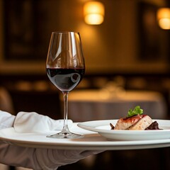 Wall Mural - closeup of glass of red wine with a plate of gourmet food on a white tablecloth in a fancy restaurant setting