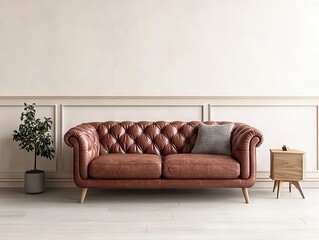 Stylish home interior design cozy lifestyle inspiration with elegant leather sofa in minimalist environment